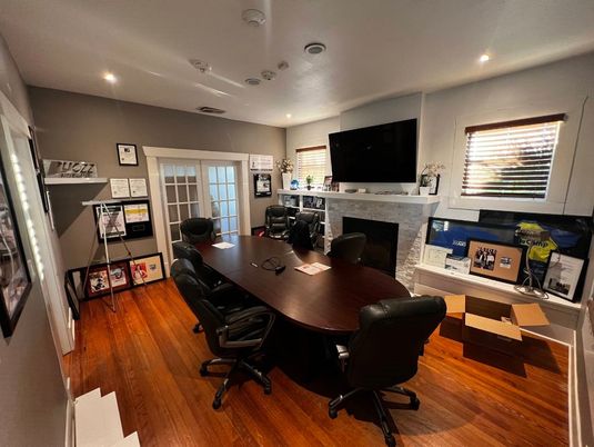 Fireplace, Home Office, Interior, Recessed Lighting, Wood Texture Flooring
