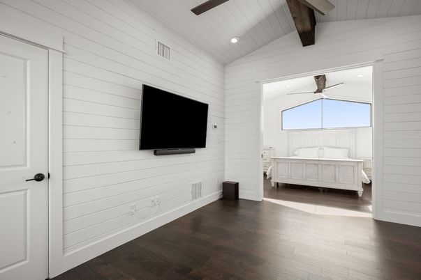 Bedroom, Interior, Recessed Lighting, Wooden Beams, Wood Texture Flooring