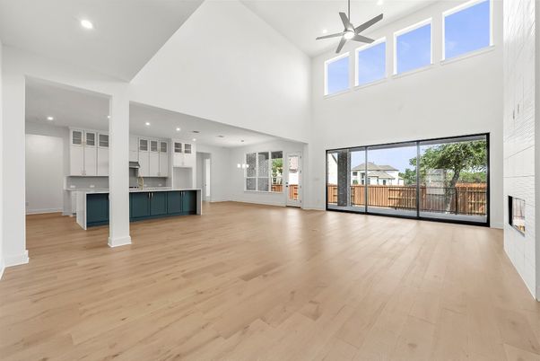 Fireplace, Interior, Kitchen, Recessed Lighting, Wood Texture Flooring