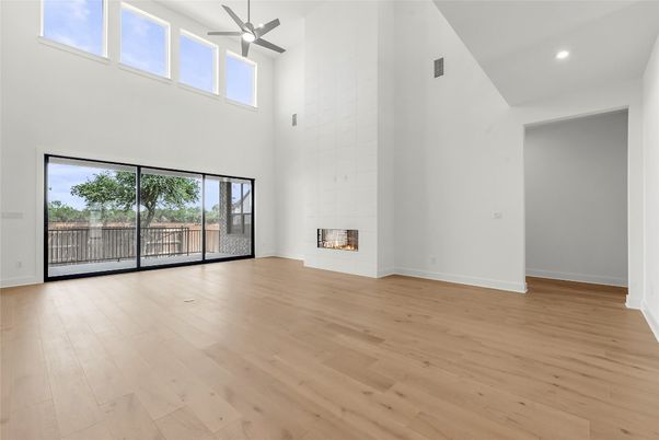 Empty room, Fireplace, Interior, Recessed Lighting, Wood Texture Flooring
