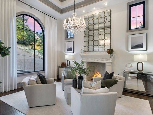 Chandelier, Fireplace, Interior, Living room, Recessed Lighting, Wood Texture Flooring