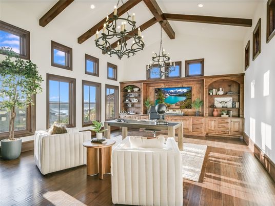 Chandelier, Home Office, Interior, Recessed Lighting, Wooden Beams, Wood Texture Flooring