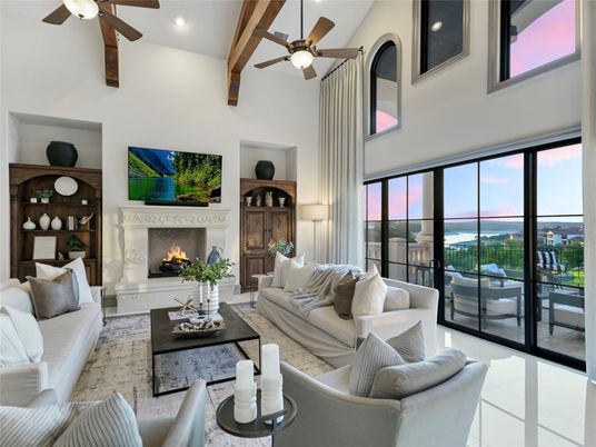 Fireplace, Interior, Living room, Recessed Lighting, Wooden Beams