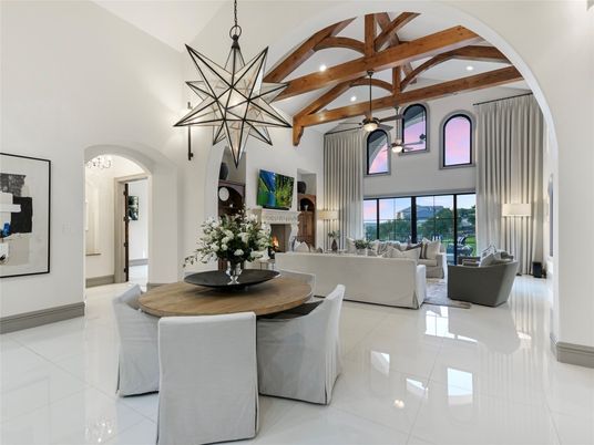 Dining room, Fireplace, Interior, Living room, Pendant Lights, Recessed Lighting, Wooden Beams