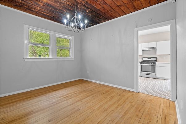Chandelier, Empty room, Interior, Kitchen, Stainless Steel Appliances, Wooden Ceilings, Wood Texture Flooring