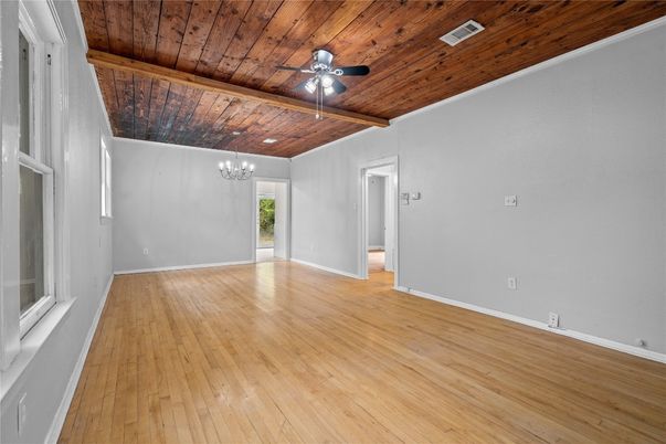 Chandelier, Empty room, Interior, Wooden Ceilings, Wood Texture Flooring