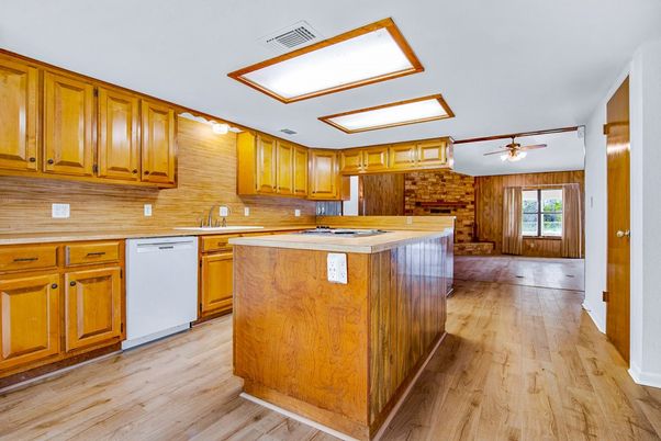 Fireplace, Interior, Kitchen, Stone Walls, Wood Texture Flooring