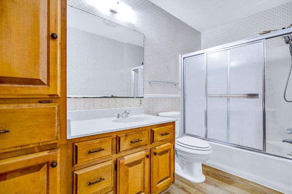 Bathroom, Glass Shower, Interior, Wood Texture Flooring