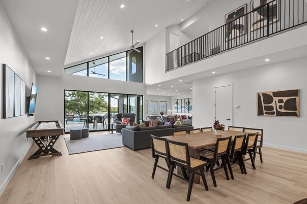 Dining room, Interior, Living room, Recessed Lighting, Wood Texture Flooring