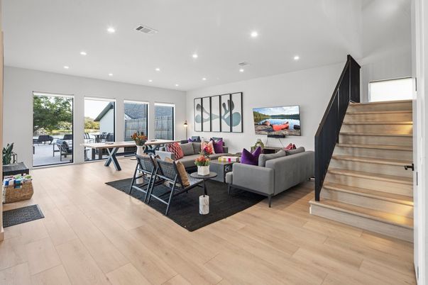 Dining room, Interior, Living room, Recessed Lighting, Wood Texture Flooring