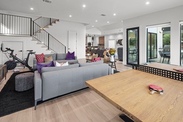 Dining room, Fitness Equipment, Interior, Living room, Recessed Lighting, Wood Texture Flooring