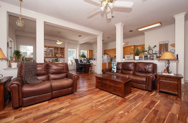 Dining room, Interior, Kitchen, Living room, Pendant Lights, Wood Texture Flooring
