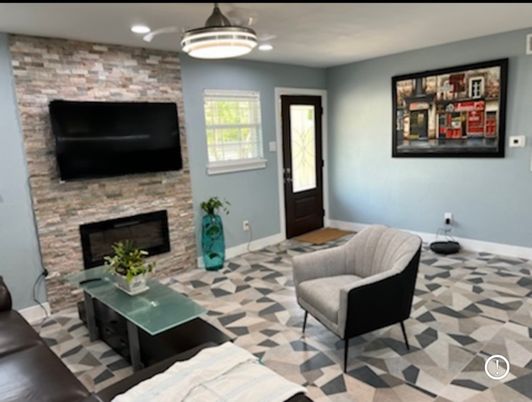 Fireplace, Interior, Living room, Pendant Lights, Recessed Lighting, Stone Walls