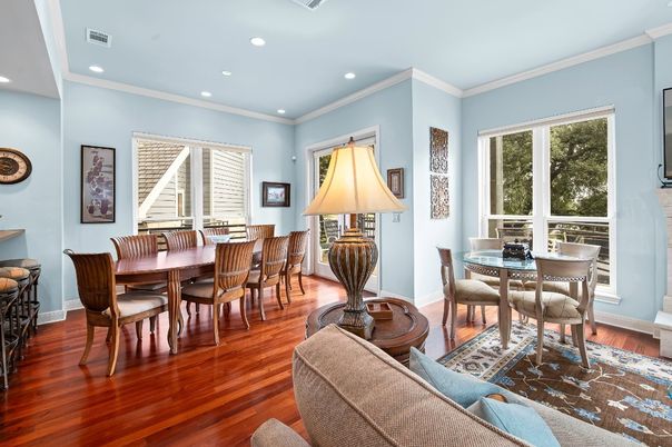 Dining room, Interior, Recessed Lighting, Wood Texture Flooring