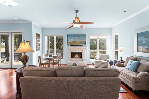 Dining room, Fireplace, Interior, Living room, Recessed Lighting, Wood Texture Flooring