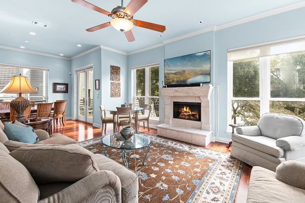 Dining room, Fireplace, Interior, Living room, Recessed Lighting, Wood Texture Flooring