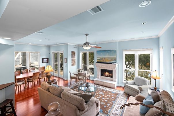 Dining room, Fireplace, Interior, Living room, Recessed Lighting, Wood Texture Flooring