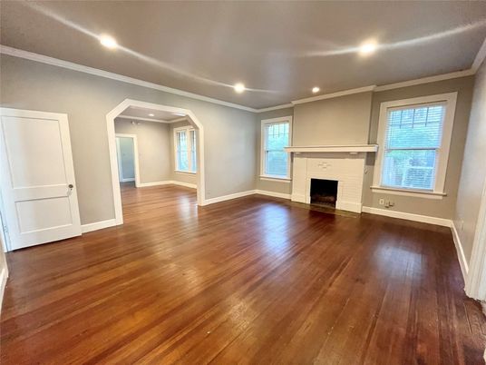 Empty room, Fireplace, Interior, Recessed Lighting, Wood Texture Flooring