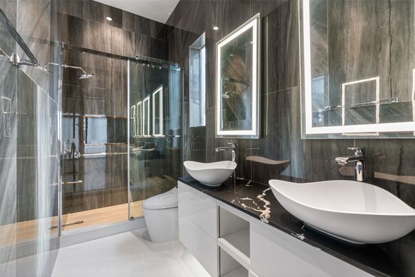 Bathroom, Dual Sink Vanities, Free Standing Baths, Glass Shower, Interior