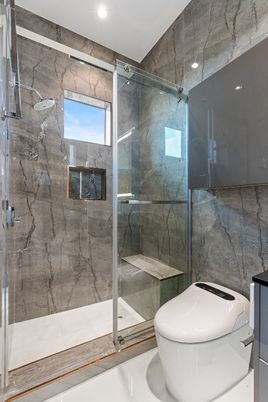 Bathroom, Glass Shower, Interior, Marble Walls, Recessed Lighting