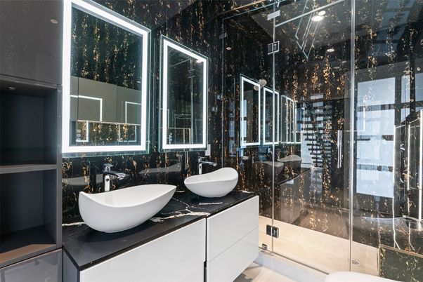 Bathroom, Dual Sink Vanities, Glass Shower, Interior