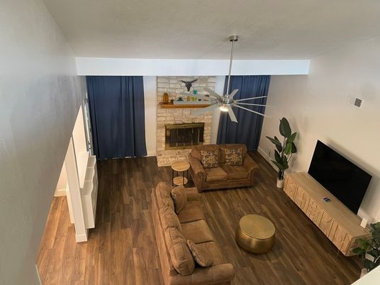 Fireplace, Interior, Living room, Stone Walls, Wood Texture Flooring