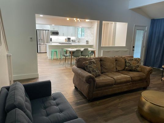 Dining room, Interior, Kitchen, Living room, Recessed Lighting, Stainless Steel Appliances, Wood Texture Flooring