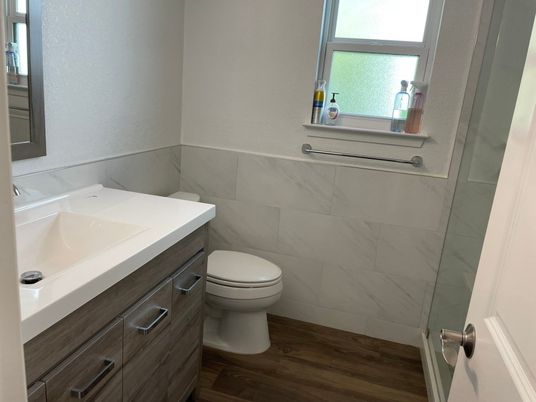 Bathroom, Interior, Marble Walls, Wood Texture Flooring