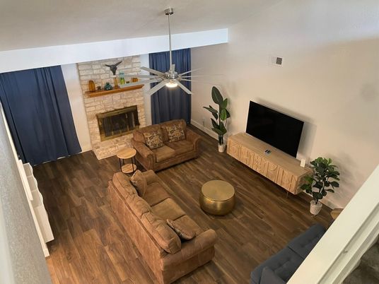 Fireplace, Interior, Living room, Pendant Lights, Stone Walls, Wood Texture Flooring