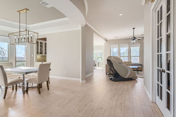 Dining room, Interior, Pendant Lights, Recessed Lighting, Wood Texture Flooring