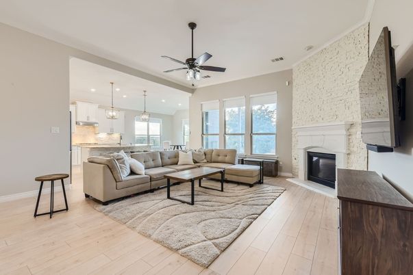 Fireplace, Interior, Kitchen, Living room, Pendant Lights, Recessed Lighting, Stone Walls, Wood Texture Flooring