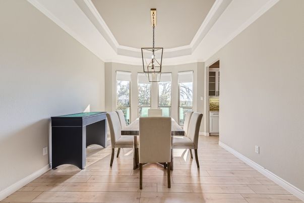 Dining room, Interior, Pendant Lights, Wood Texture Flooring