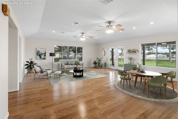 Dining room, Interior, Living room, Recessed Lighting, Wood Texture Flooring