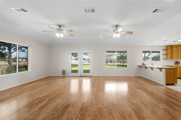 Empty room, Interior, Kitchen, Recessed Lighting, Wood Texture Flooring