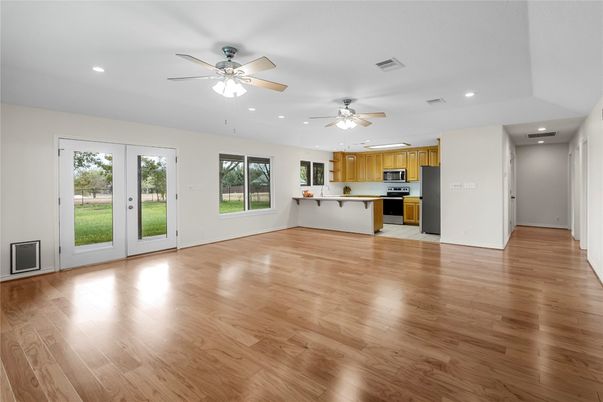 Empty room, Interior, Kitchen, Recessed Lighting, Wood Texture Flooring