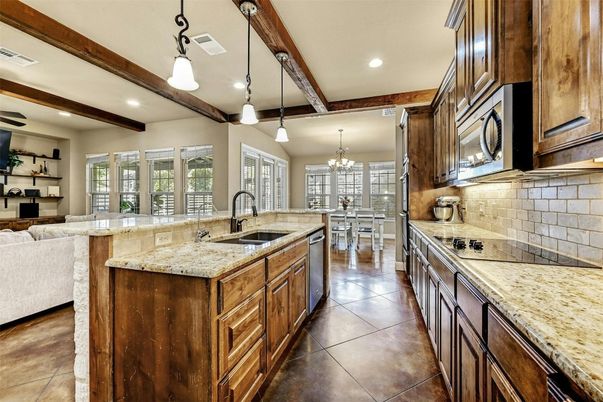 Chandelier, Dining room, Interior, Kitchen, Pendant Lights, Recessed Lighting, Wooden Beams