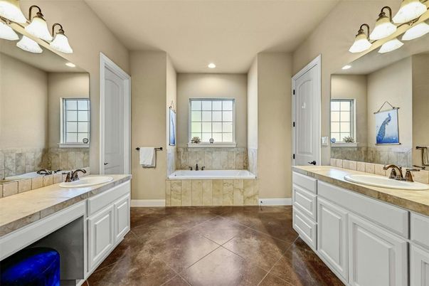 Bathroom, Dual Sink Vanities, Interior, Recessed Lighting, Tile Countertops