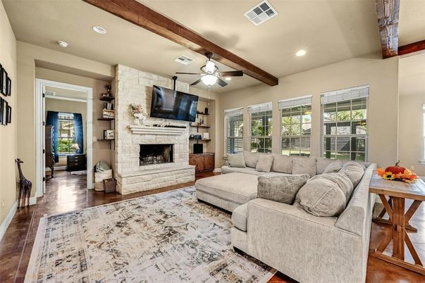 Fireplace, Interior, Living room, Recessed Lighting, Stone Walls, Wooden Beams