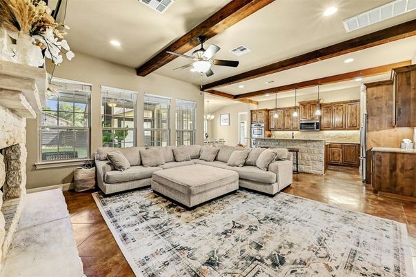 Fireplace, Interior, Kitchen, Living room, Pendant Lights, Recessed Lighting, Wooden Beams