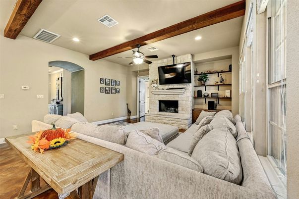 Fireplace, Interior, Living room, Recessed Lighting, Wooden Beams, Wood Texture Flooring