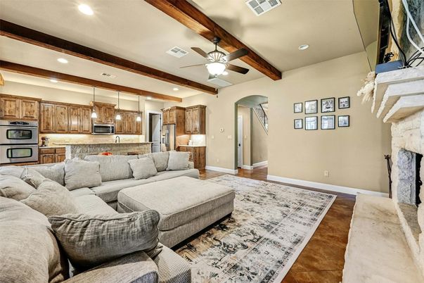 Fireplace, Interior, Kitchen, Living room, Pendant Lights, Recessed Lighting, Wooden Beams, Wood Texture Flooring
