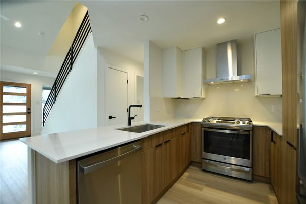 Interior, Kitchen, Recessed Lighting, Stainless Steel Appliances, Wood Texture Flooring