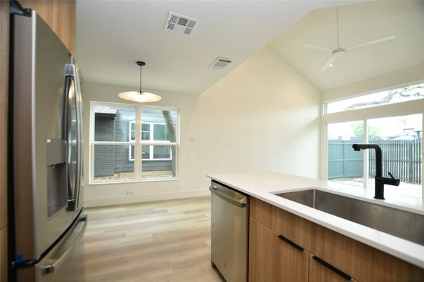 Interior, Kitchen, Pendant Lights, Stainless Steel Appliances, Wood Texture Flooring