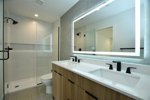 Bathroom, Dual Sink Vanities, Glass Shower, Interior, Recessed Lighting