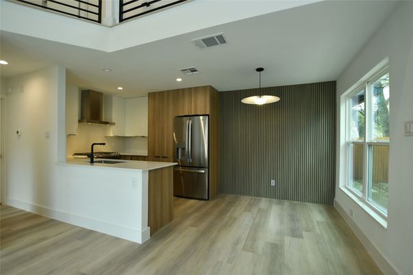 Interior, Kitchen, Pendant Lights, Recessed Lighting, Stainless Steel Appliances, Wood Texture Flooring