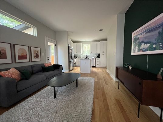 Interior, Kitchen, Living room, Recessed Lighting, Stainless Steel Appliances, Wood Texture Flooring