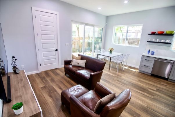 Dining room, Interior, Kitchen, Living room, Recessed Lighting, Wood Texture Flooring