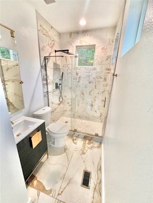 Bathroom, Glass Shower, Interior, Marble, Marble Walls, Recessed Lighting