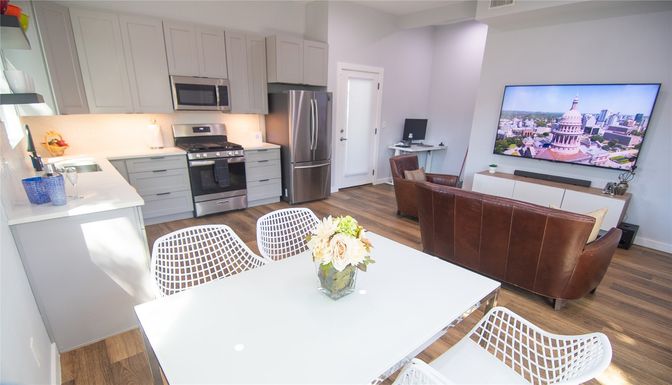 Dining room, Interior, Kitchen, Stainless Steel Appliances, Wood Texture Flooring