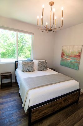 Bedroom, Chandelier, Interior, Wood Texture Flooring